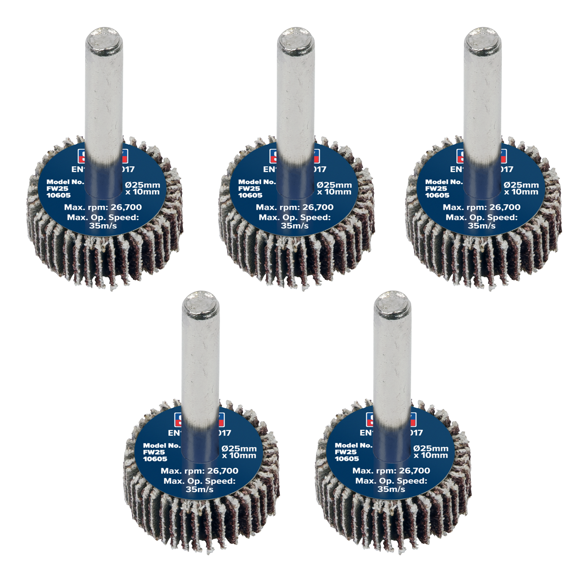 Sealey FW2510605 25 x 10mm Abrasive Flap Wheel with 6mm Shaft 60Grit - Pack of 5