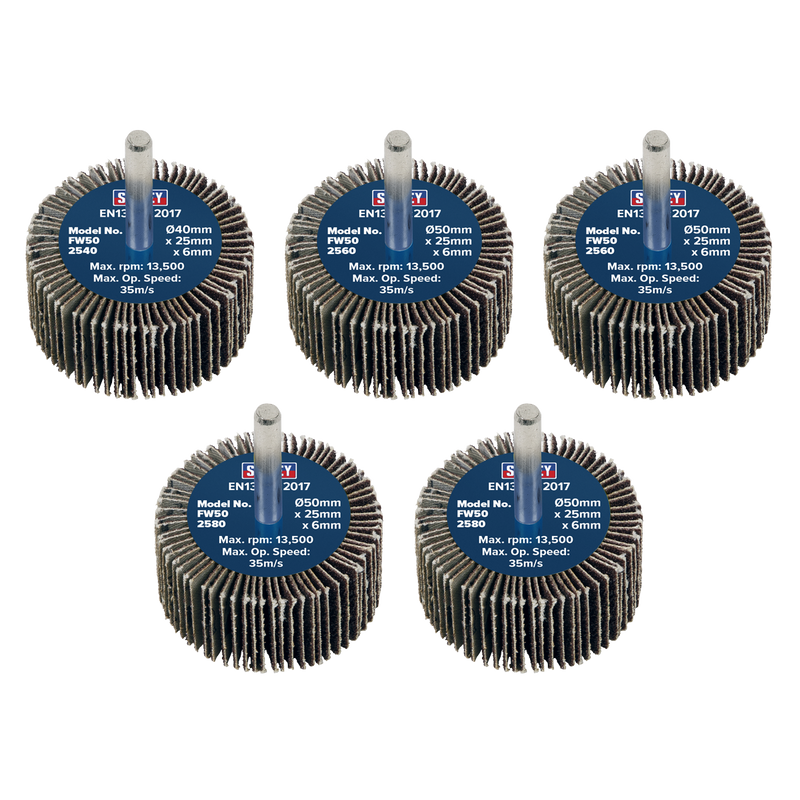 Sealey FW5025ASS 50 x 25mm Abrasive Flap Wheel with 6mm Shaft Assorted Grit - Pack of 5