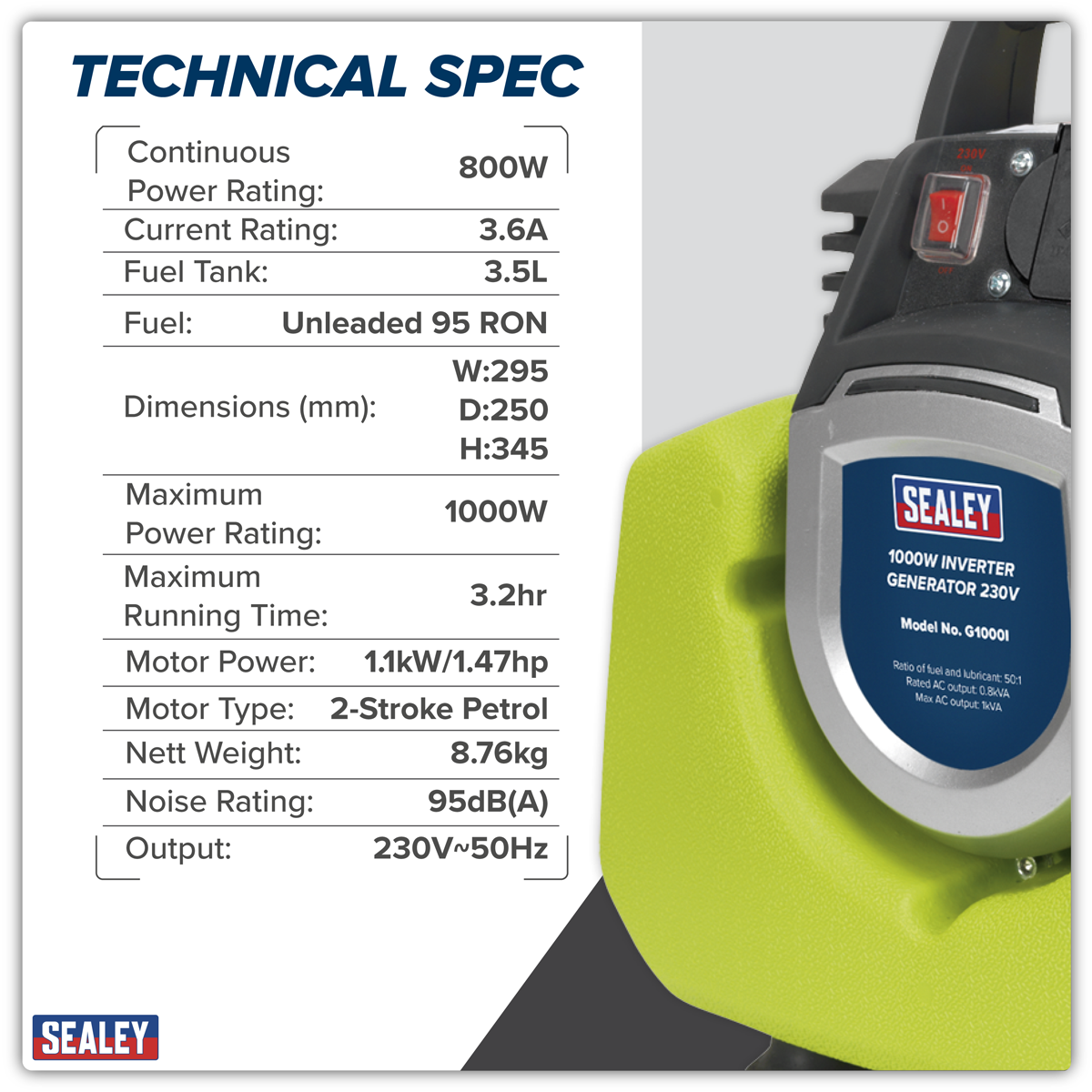 Sealey G1000I 1000W Inverter Generator 2-Stroke Engine 230V - additional view 8