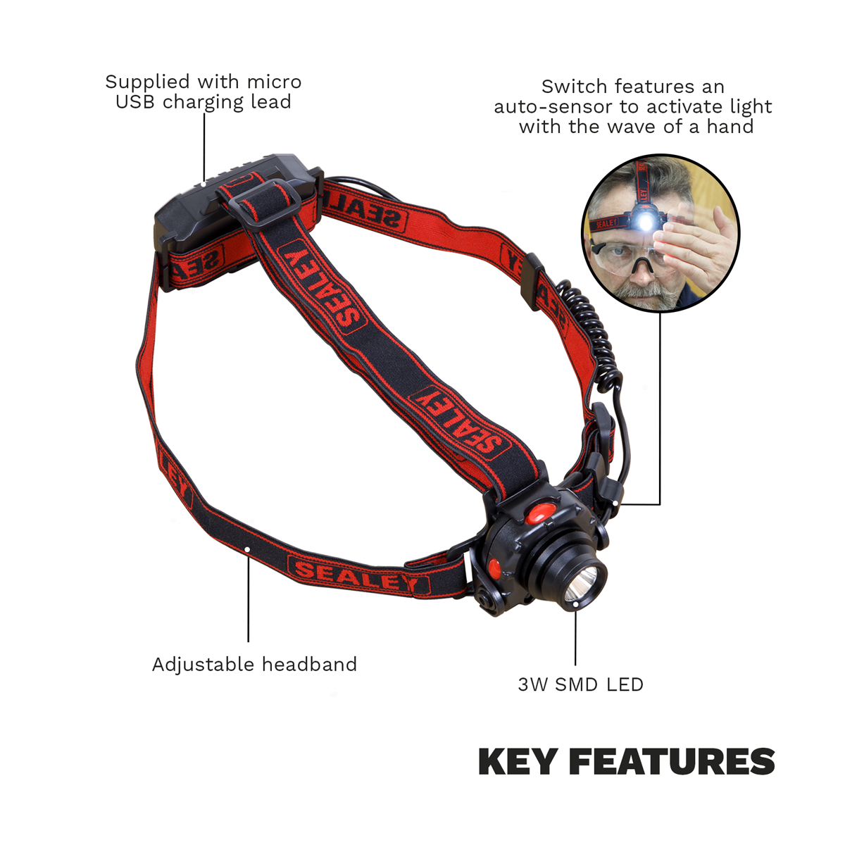 Sealey HT106LED Head & Hat Torch with Auto-Sensor 3W SMD LED - additional view 2