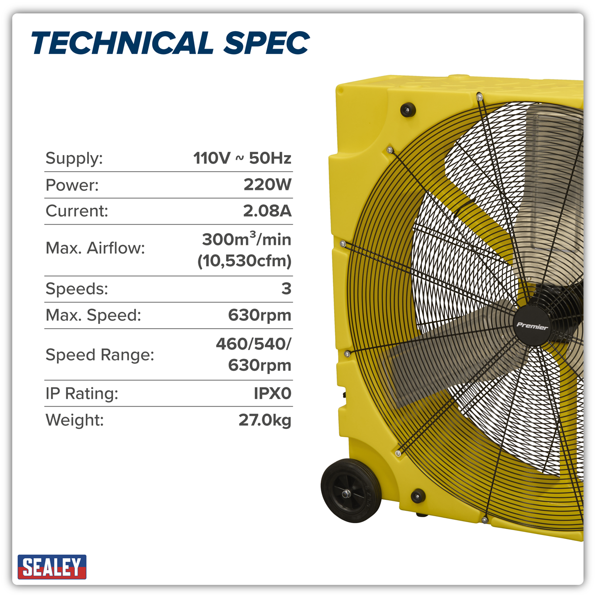Sealey HVD36110VPM Premier 36" Industrial High Velocity Rotomould Drum Fan 3-Speed 110V - additional view 8