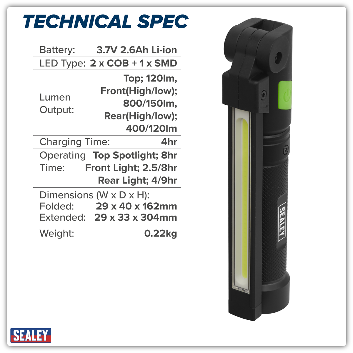 Sealey LED02G Rechargeable Aluminium Folding Pocket Light 2 COB & 1 SMD LED - additional view 17