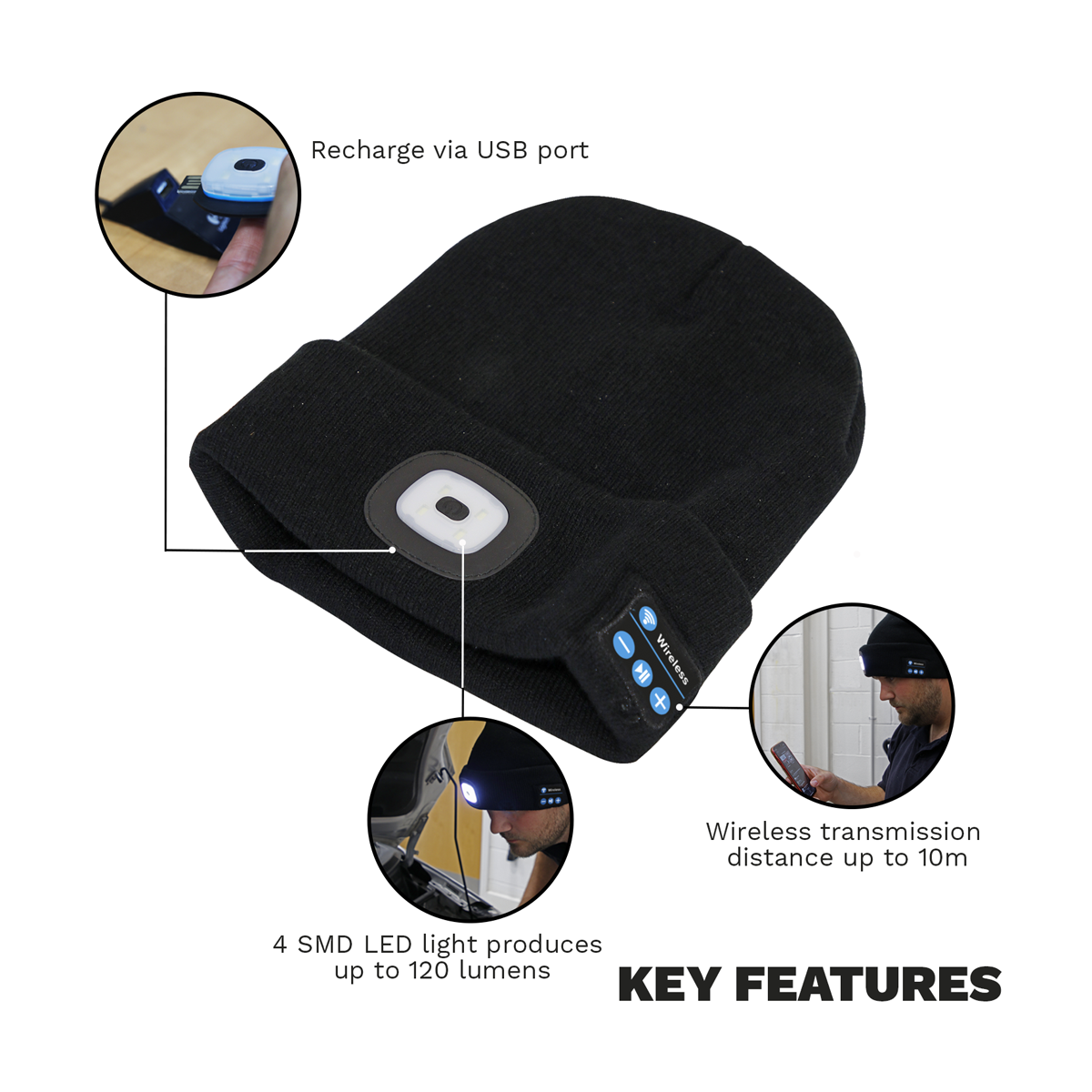 Sealey LED185W Rechargeable USB Beanie Hat with Wireless Headphones 1W SMD LED - additional view 4