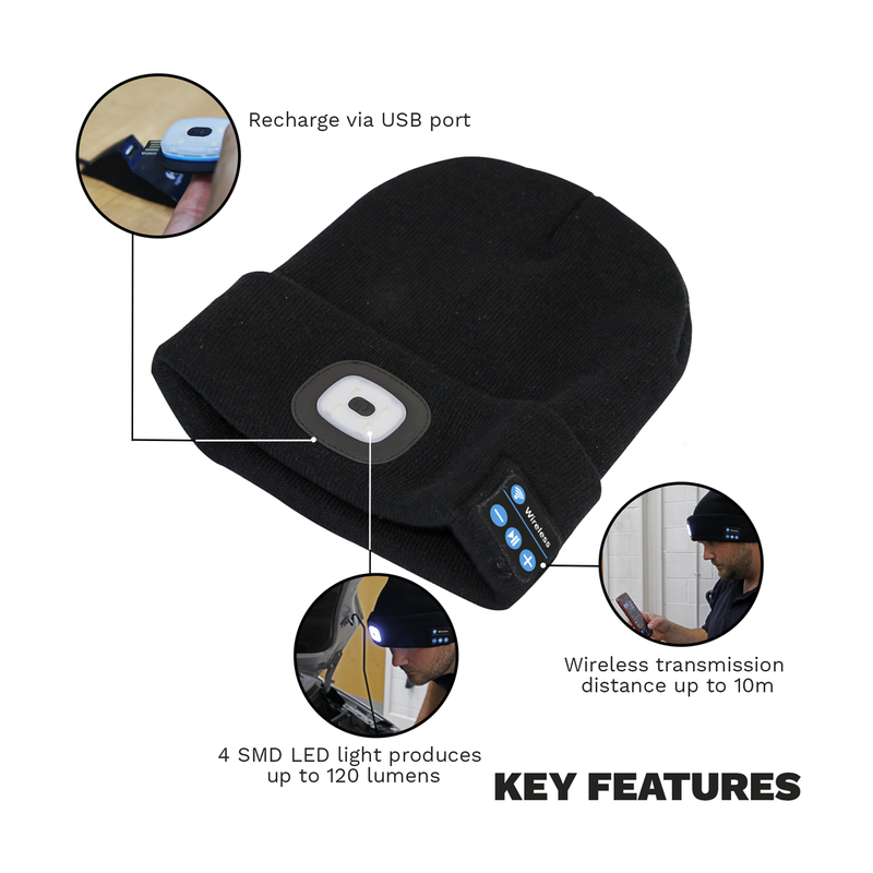 Sealey LED185W Rechargeable USB Beanie Hat with Wireless Headphones 1W SMD LED - additional view 4