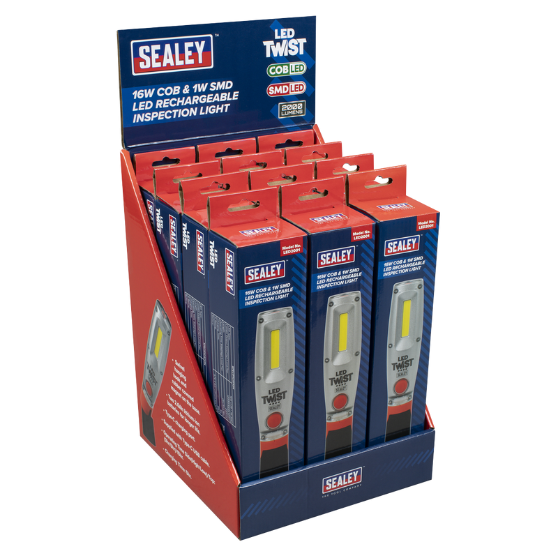 Sealey LED2001DB LED Twist® Rechargeable Inspection Light 16W COB & 1W SMD LED - Display Box of 12