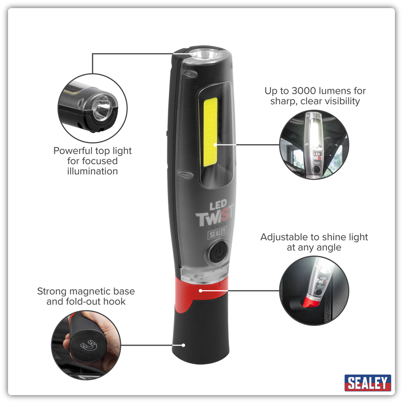 Sealey LED3001 Rechargeable LED Twist® Inspection Light 20W COB & 3W SMD, 3000lm, Magnetic Base & Power - additional view 3