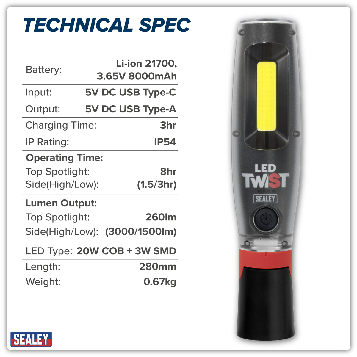 Sealey LED3001 Rechargeable LED Twist® Inspection Light 20W COB & 3W SMD, 3000lm, Magnetic Base & Power - additional view 5