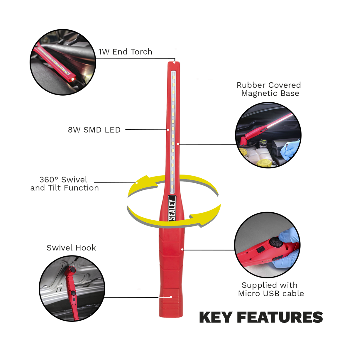 Sealey LED3604R Rechargeable 360° Slim Inspection Light 8W & 1W SMD LED - Red - additional view 3