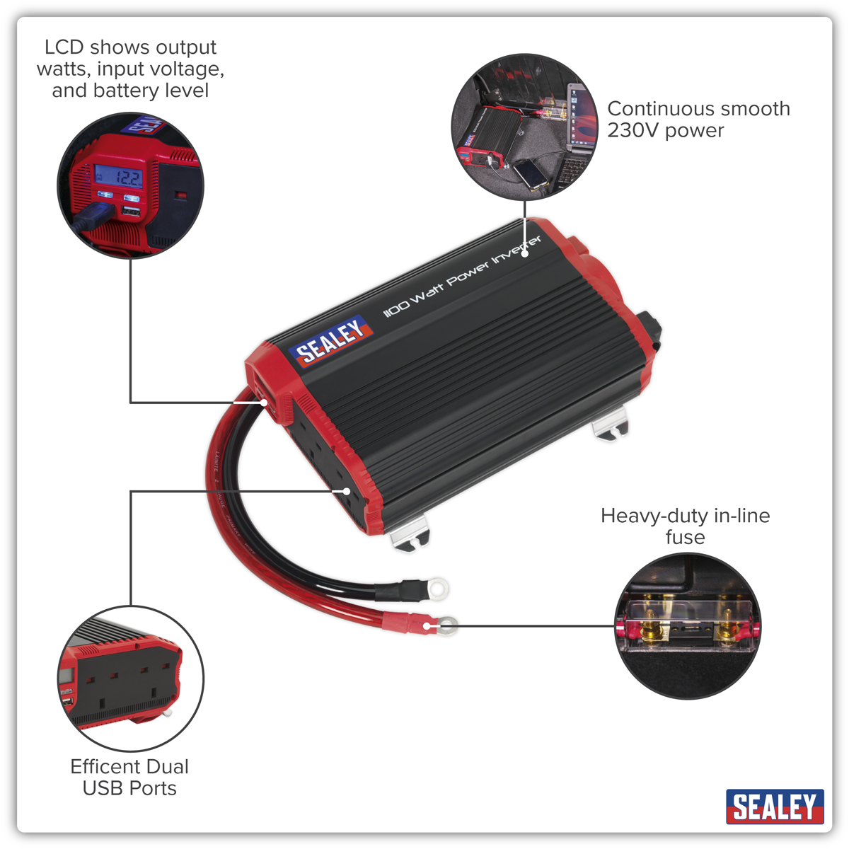 Sealey PI1100 Modified Sine Wave Power Inverter 1100W 12V - additional view 5