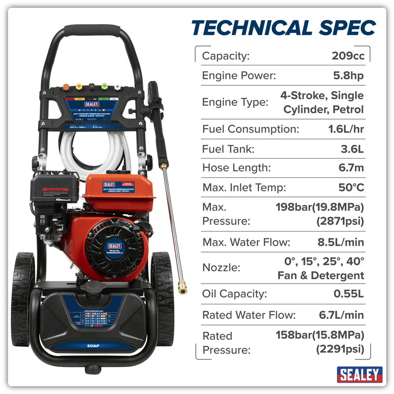 Sealey PWM2500SP Pressure Washer 198bar 513L/hr Self-Priming 5.8hp Petrol - additional view 9