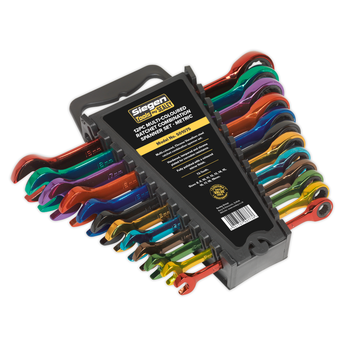 Sealey S01075 Siegen Multi-Coloured Combination Ratchet Spanner Set 12pc - additional view 3