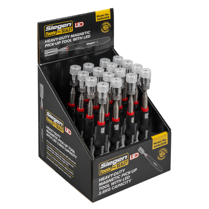 Sealey S0903DB Siegen Heavy-Duty Magnetic Pick-Up Tool with LED 3.6kg Capacity - Display Box of 16
