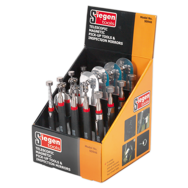 Sealey S0946 Siegen Telescopic Magnetic Pick-Up Tools & Inspection Mirrors - Display Box of 20 - additional view 3