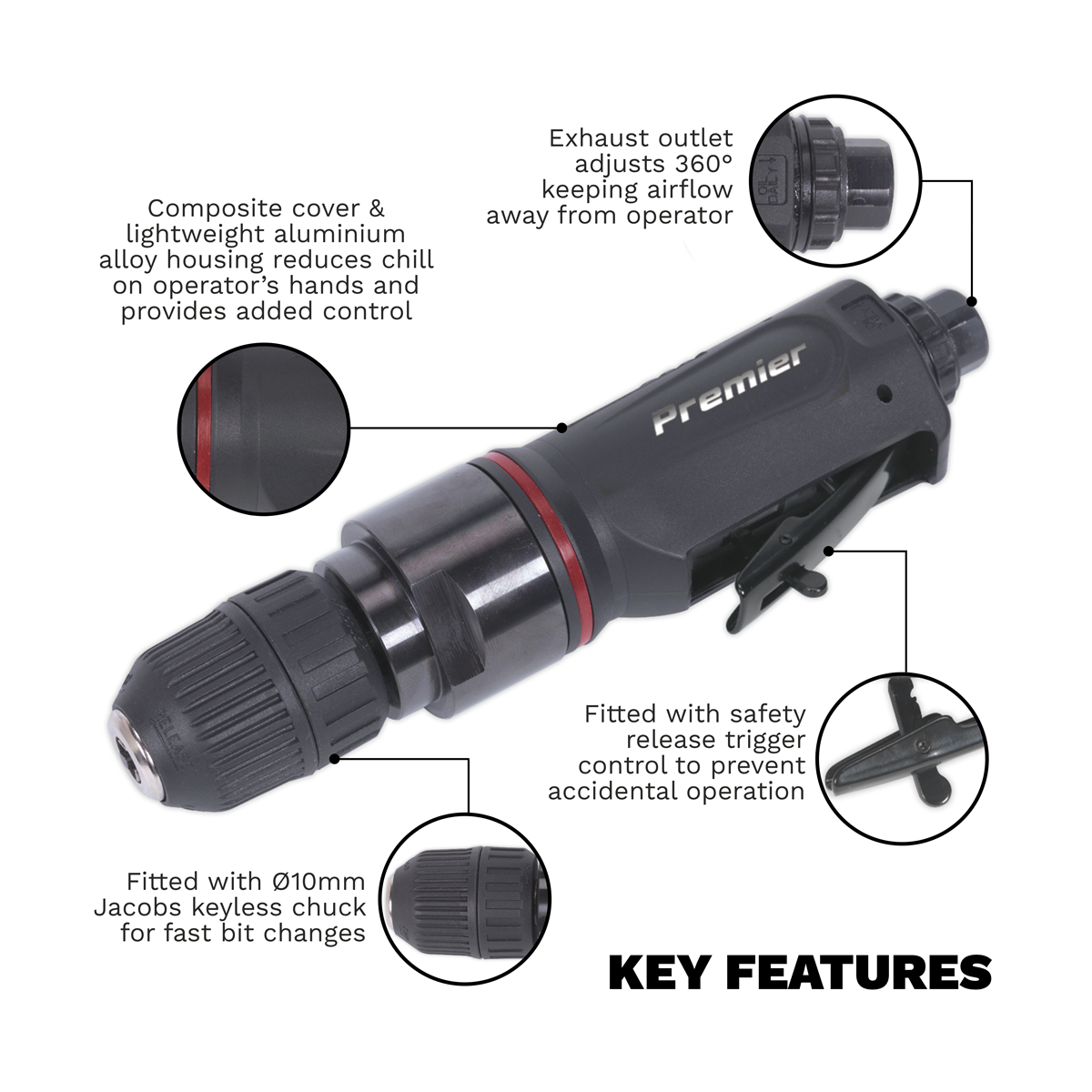Sealey SA622 Premier Straight Air Drill 10mm with Keyless Chuck - additional view 2