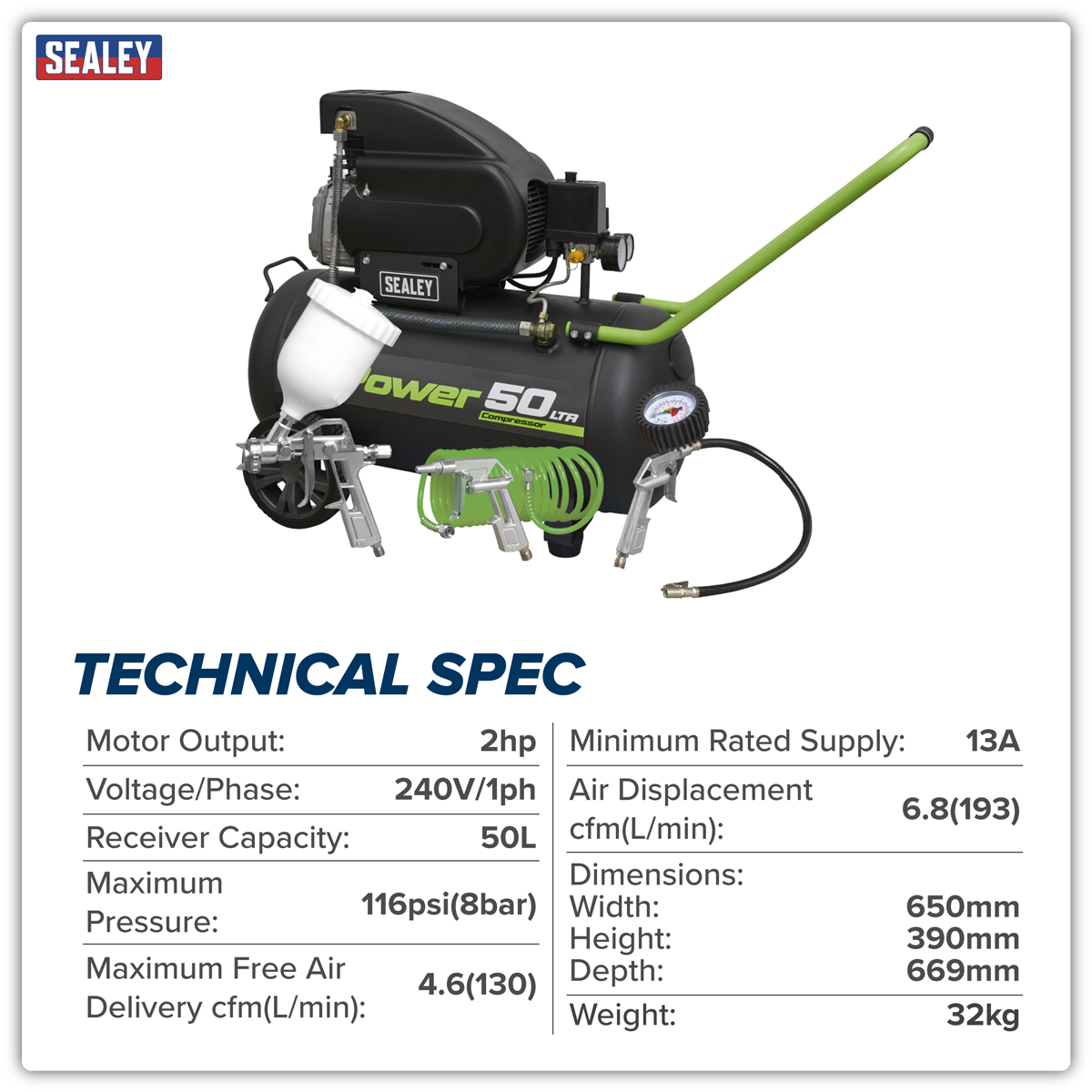 Sealey SAC5020EPK 50L Direct Drive Air Compressor 2hp with 4pc Air Accessory Kit - additional view 12