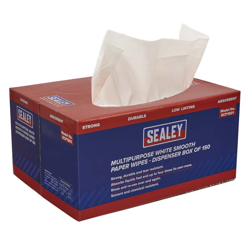 Sealey SCP1501 Multipurpose Smooth White Paper Wipes 73gsm - Dispenser Box of 150 Sheets - additional view 3