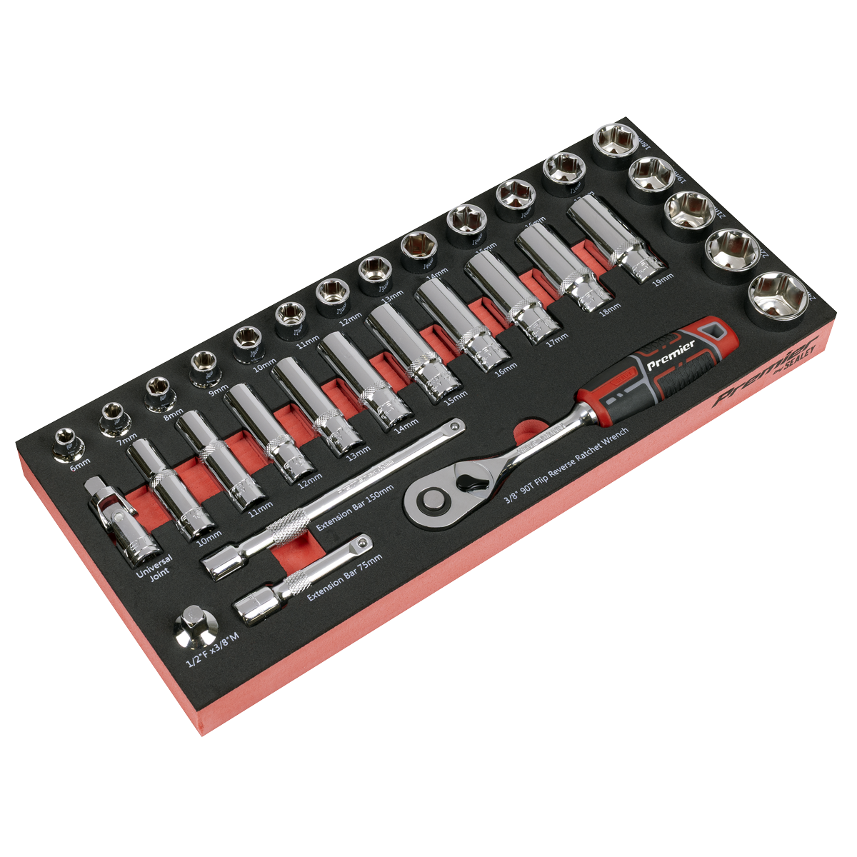 Sealey TBT41 Premier Socket Set with Tool Tray 3/8"Sq Drive 32pc