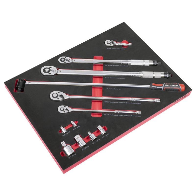 Sealey TBT45 Premier Ratchet, Torque Wrench, Breaker Bar & Socket Adaptor Set with Tool Tray 3/8"Sq & 1/2"Sq Drive 12pc
