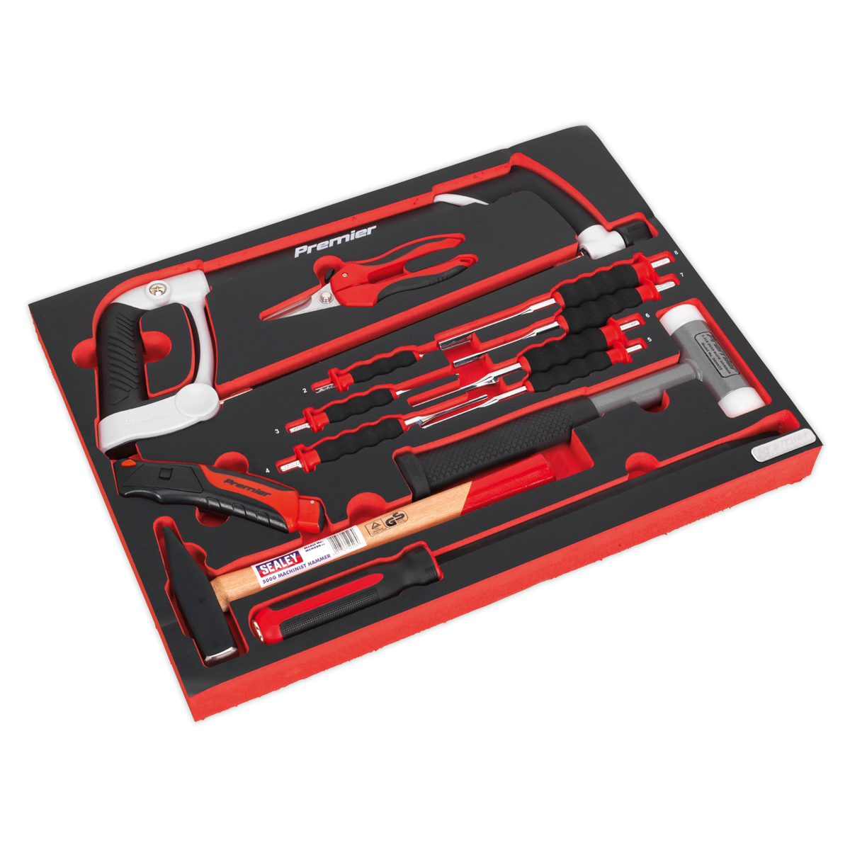 Sealey TBTP06EU Premier Platinum Hacksaw, Hammers & Punch Kit with Tool Tray 13pc