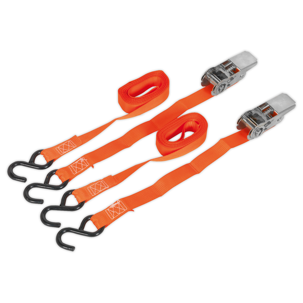 Sealey TD0540S2 Ratchet Straps Polyester Webbing with S-Hooks 25mm x 4m 500kg Breaking Strength - Pair