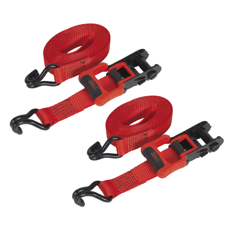 Sealey TD41248JD Ratchet Straps Polyester Webbing with J-Hooks 32mm x 4.9m 1200kg Breaking Strength - 2 Pairs