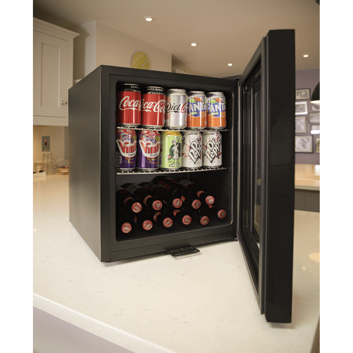 Baridi 50L Table Top Beer & Drinks Mini Fridge 3 - 10°C, Light, Black & Glass - DH12 - DH12 - Sealey Tools UK - Trade Counter Direct