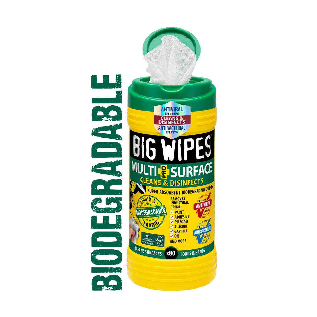 Big Wipes 80's PRO+ MULTI SURFACE - BIODEGRDABLE FSC FABRIC - ANTIVIRAL - GREEN TOP - WIPE TUBS