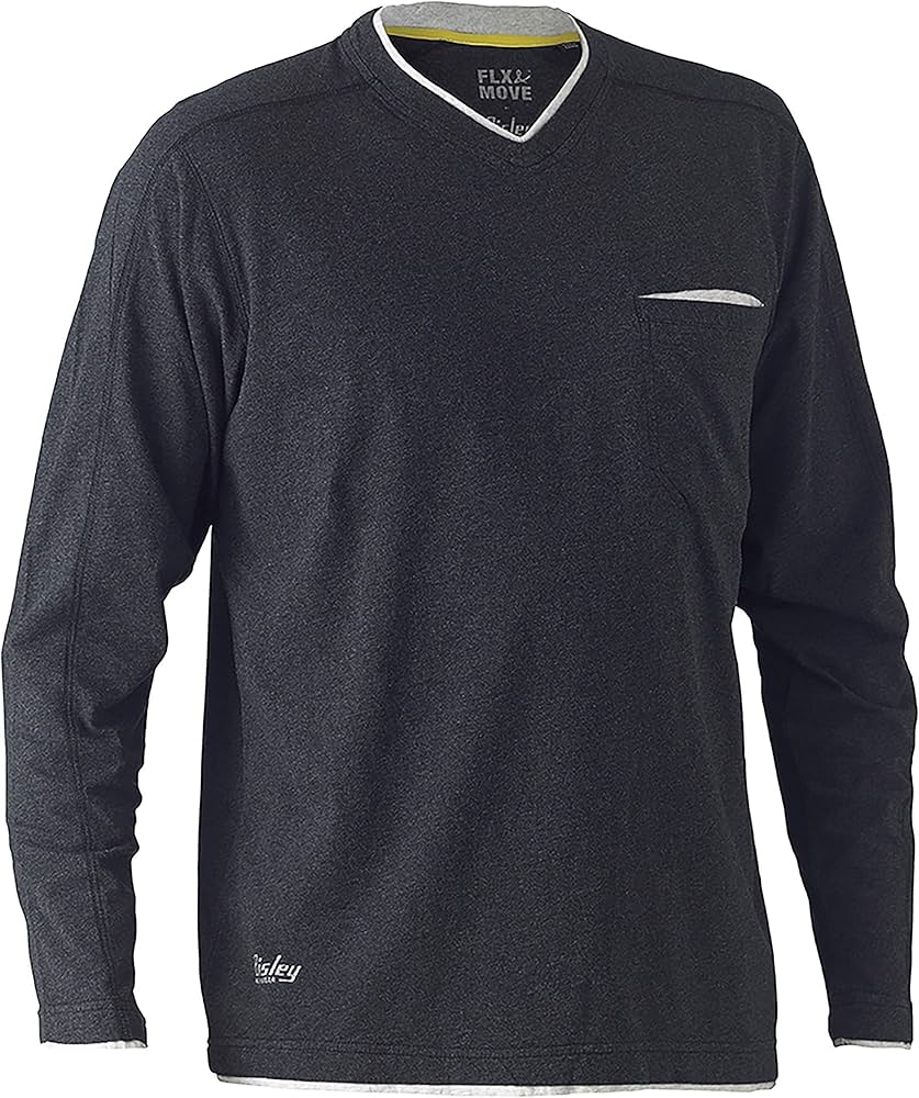 Bisley Workwear Flex & Move Shirt Cotton V - Neck Tee Long Sleeve - Grey Marle - UKK6933_BGGYS - Bisley Workwear UK - Trade Counter Direct