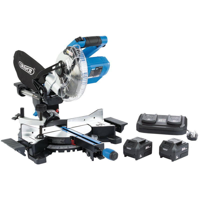 D20 20V Brushless Sliding Compound Mitre Saw, 185mm, 2 x 5Ah Batteries, 1 x Charger - DR-99765 - Draper - Trade Counter Direct