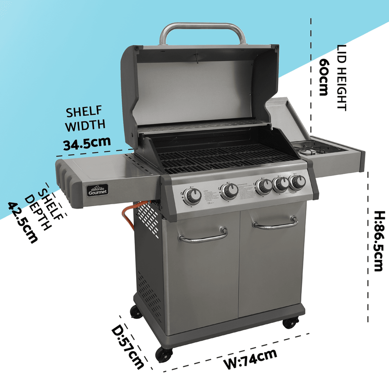 Dellonda 4+1 Burner Deluxe Gas BBQ Grill, Stainless Steel, Side Burner, Ignition - DG17 - DG17 - Sealey Tools UK - Trade Counter Direct