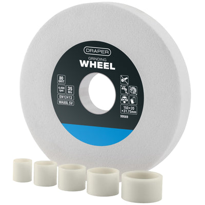 Draper Aluminium Oxide Bench Grinding Wheel, 150 x 20mm, 80 Grit, White - DR-99569 - Draper - Trade Counter Direct