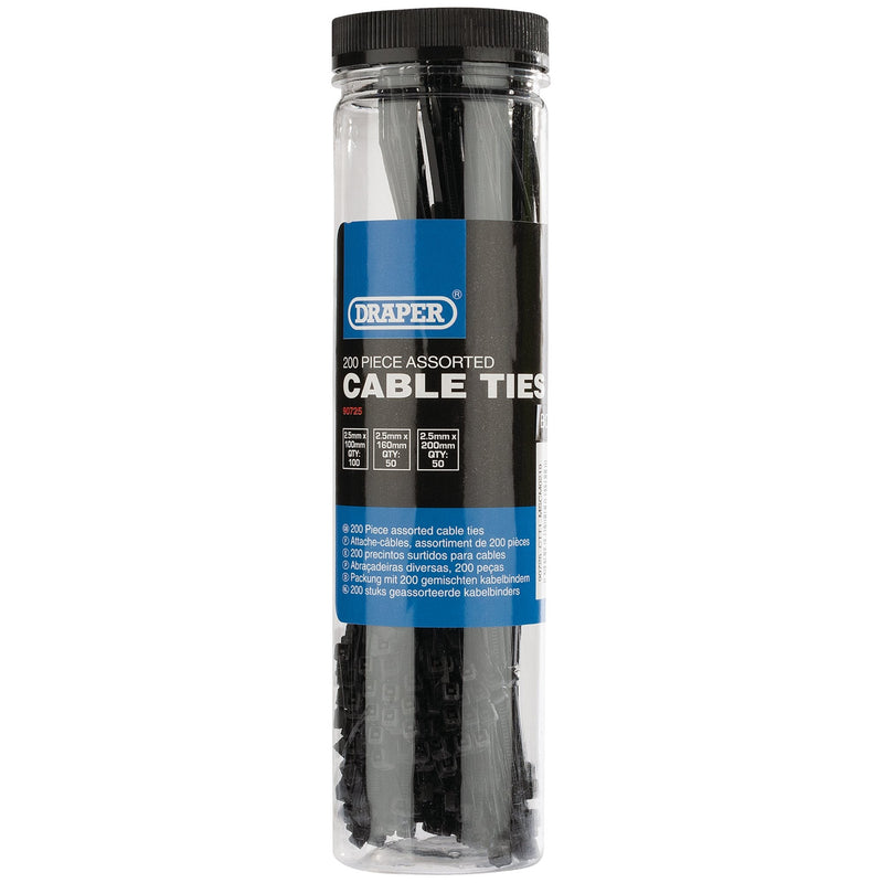 Draper Assorted Nylon Cable Tie Pack (200 Piece) - DR-90725 - Draper - Trade Counter Direct