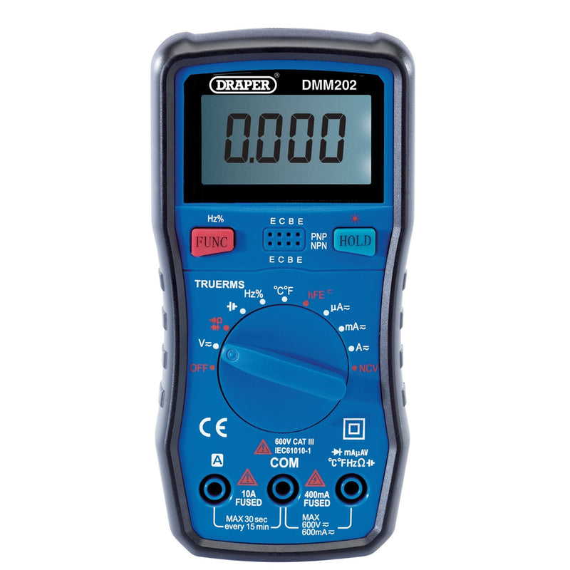 Draper Auto-Ranging Digital Multimeter, 1 x Test Leads, 1 x Temp Probe - DR-41820 - Draper - Trade Counter Direct