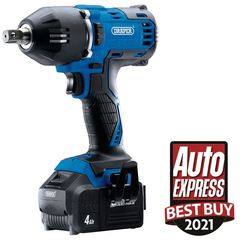 Draper D20IW400SET/2 D20 20V Brushless Mid - Torque Impact Wrench, 1/2", 400Nm, 2 x 4.0Ah Batteries, 1 x Charger - (99251) - DR-99251 - Draper - Trade Counter Direct