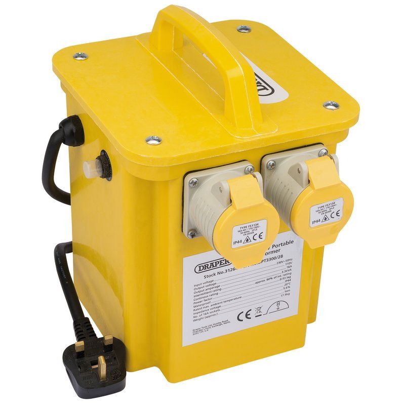 Draper DPT3300/2B 230V to 110V Portable Site Transformer, 3.3kVA - (31264) - DR-31264 - Draper - Trade Counter Direct