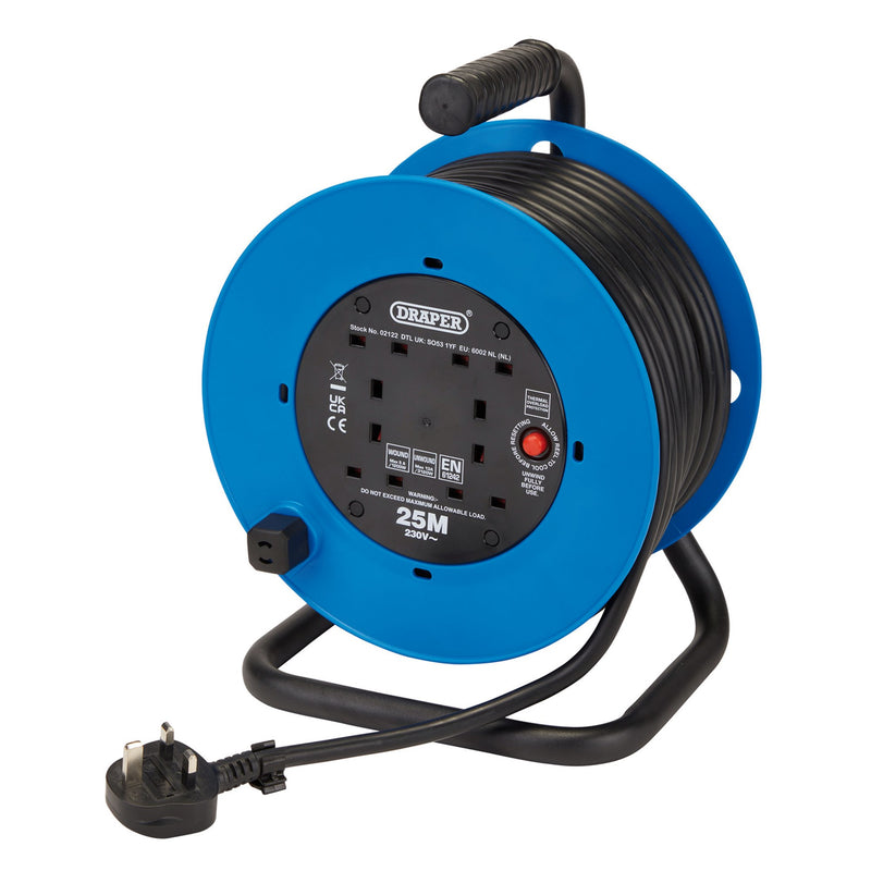DR-02122 — 230V Heavy Duty Industrial Four Socket Cable Reel, 25m