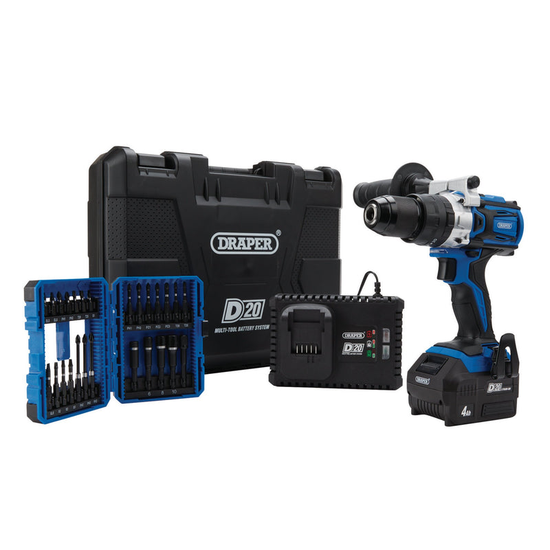 DR-04790 — D20 20V Brushless Combi Drill Kit & Draper Expert Impact Screwdriver Bit Set (26 Piece)