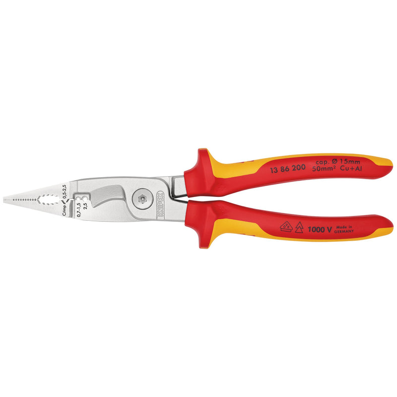 DR-31460 — KNIPEX 13 86 200 Pliers for Electrical Installation Insulated with Multi-Component Grips, VDE-Tested Chrome-Plated, 200mm