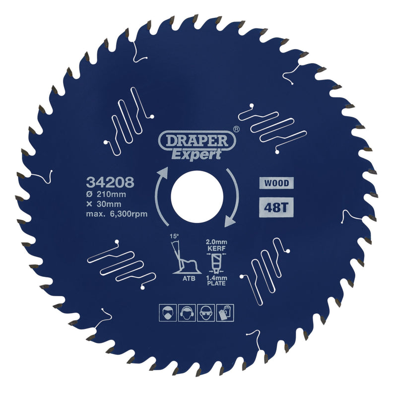 DR-34208 — Draper Expert TCT Circular Saw Blade for Wood with PTFE Coating, 210 x 30mm, 48T