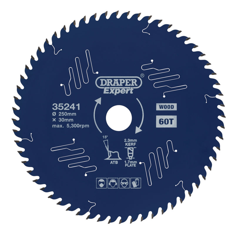 DR-35241 — Draper Expert TCT Circular Saw Blade for Wood with PTFE Coating, 250 x 30mm, 60T