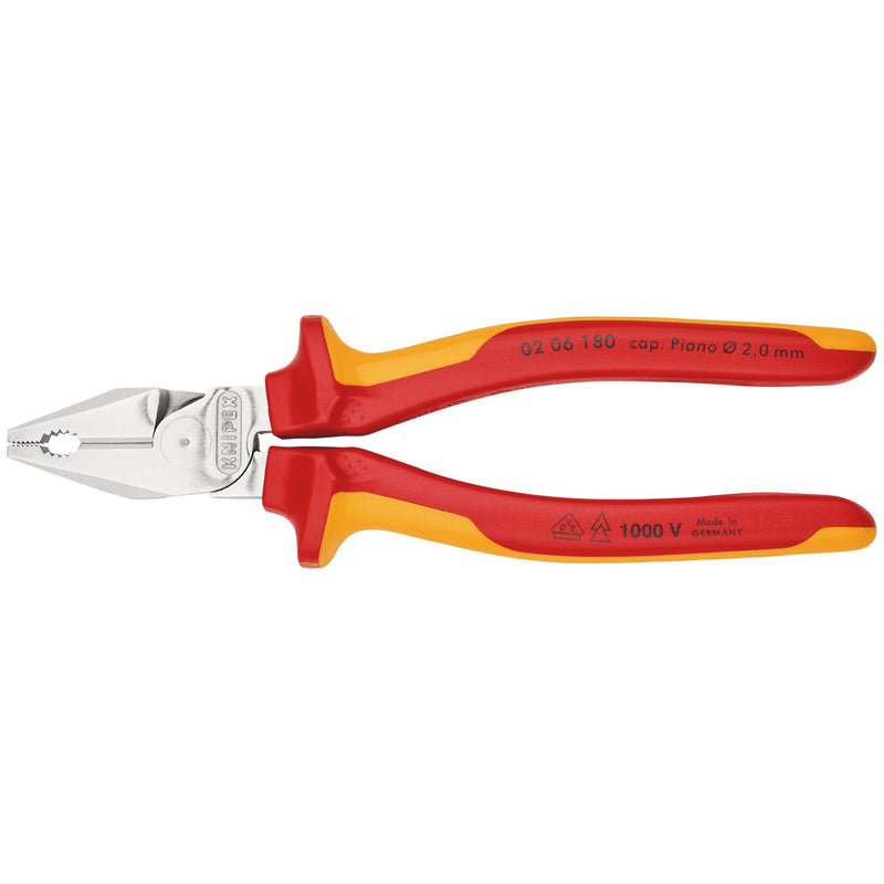 DR-49168 — KNIPEX 02 06 180 SB VDE High Leverage Combination Pliers Insulated with Multi-Component Grips, 180mm