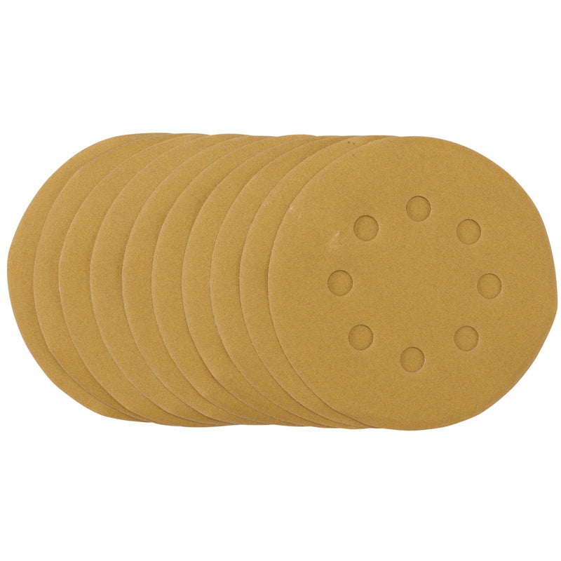 DR-58340 — Gold Sanding Discs with Hook & Loop, 125mm, 240 Grit, 8 Dust Extraction Holes (Pack of 10)
