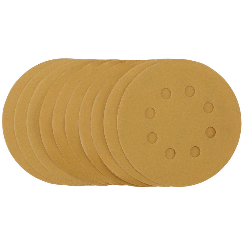 DR-59766 — Gold Sanding Discs with Hook & Loop, 125mm, 320 Grit, 8 Dust Extraction Holes (Pack of 10)