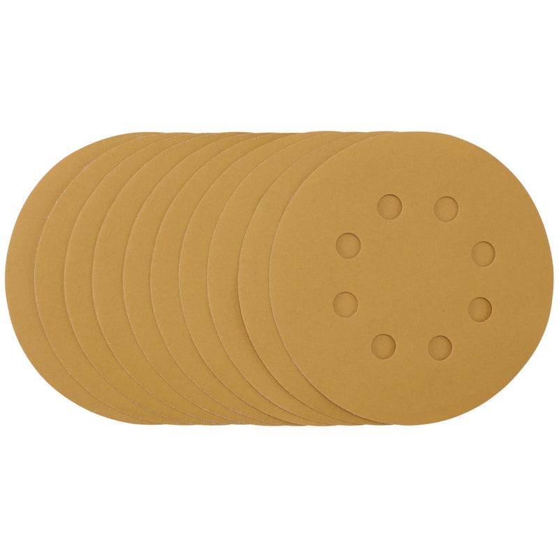 DR-59856 — Gold Sanding Discs with Hook & Loop, 125mm, 400 Grit, 8 Dust Extraction Holes (Pack of 10)