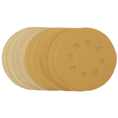 DR-60161 — Gold Sanding Discs with Hook & Loop, 125mm, Assorted Grit - 120G, 180G, 240G, 320G, 400G, 8 Dust Extraction Holes (Pack of 10)