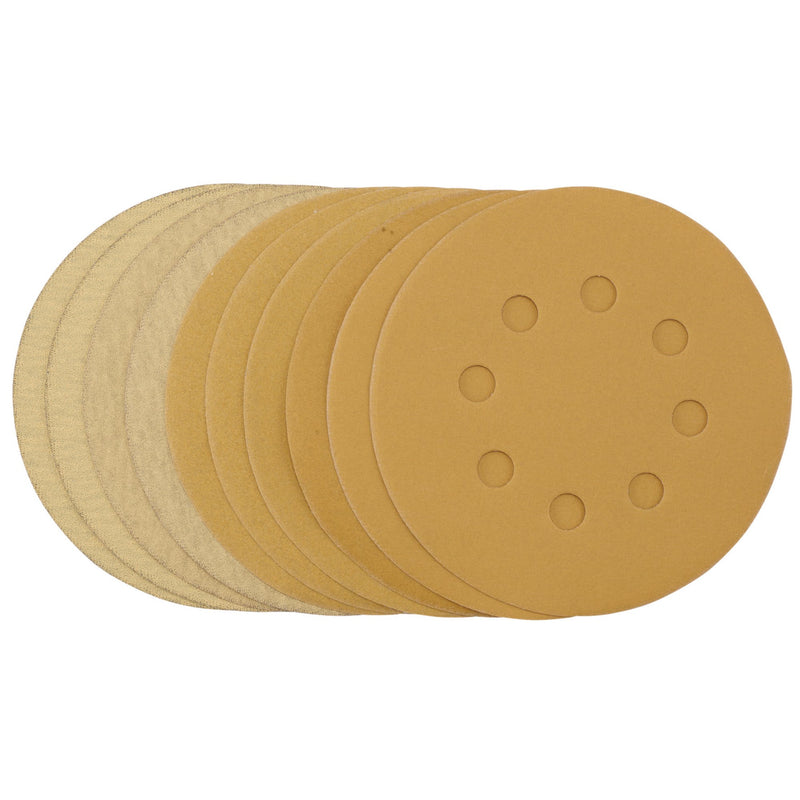 DR-60161 — Gold Sanding Discs with Hook & Loop, 125mm, Assorted Grit - 120G, 180G, 240G, 320G, 400G, 8 Dust Extraction Holes (Pack of 10)