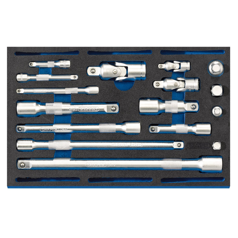 DR-63530 — Extension Bar, Universal Joints and Socket Convertor Set 1/4 Drawer EVA Insert Tray (16 Piece)