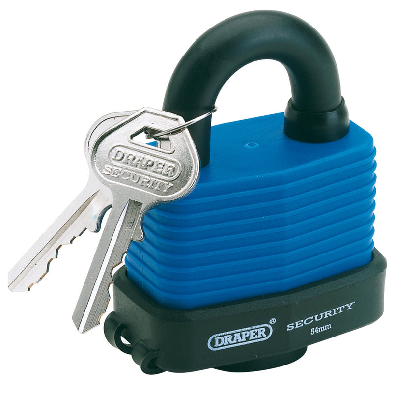 DR-64178 — Laminated Steel Padlock and 2 Keys with Hardened Steel Shackle and Bumper, 54mm