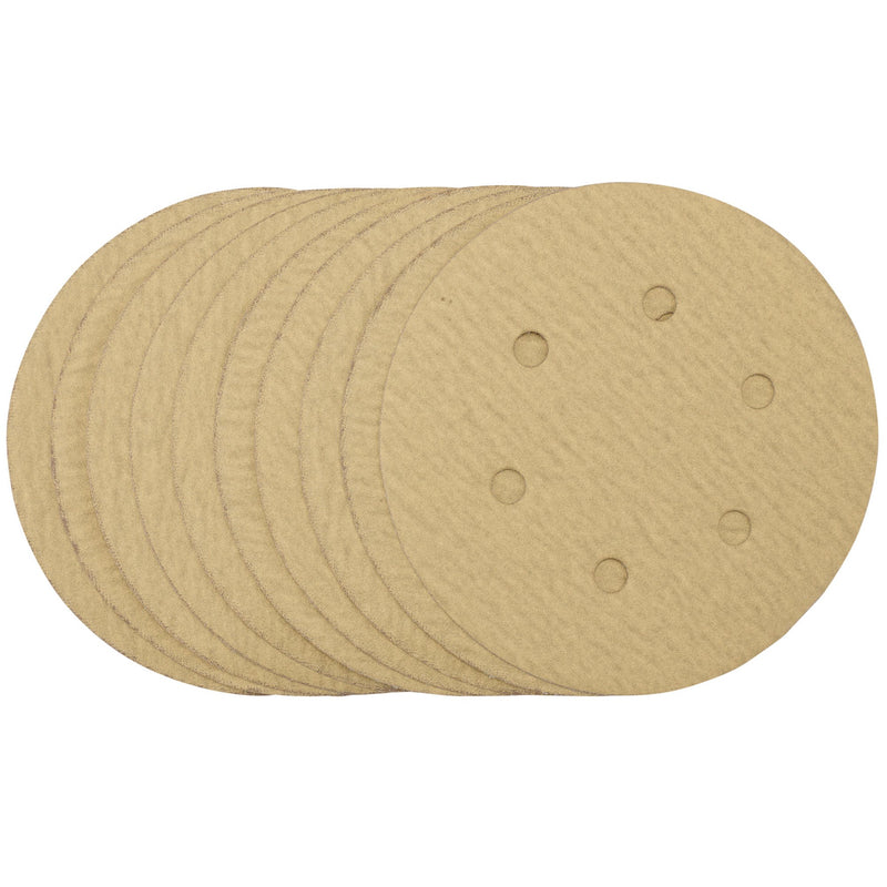DR-64240 — Gold Sanding Discs with Hook & Loop, 150mm, 180 Grit, 6 Dust Extraction Holes (Pack of 10)