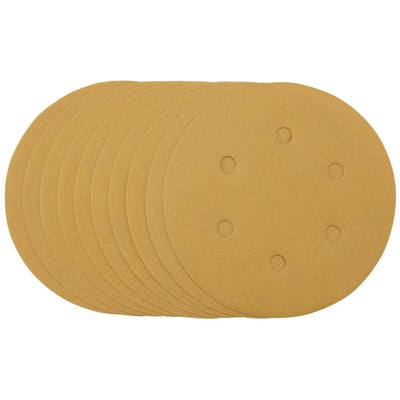 DR-64265 — Gold Sanding Discs with Hook & Loop, 150mm, 320 Grit, 6 Dust Extraction Holes (Pack of 10)